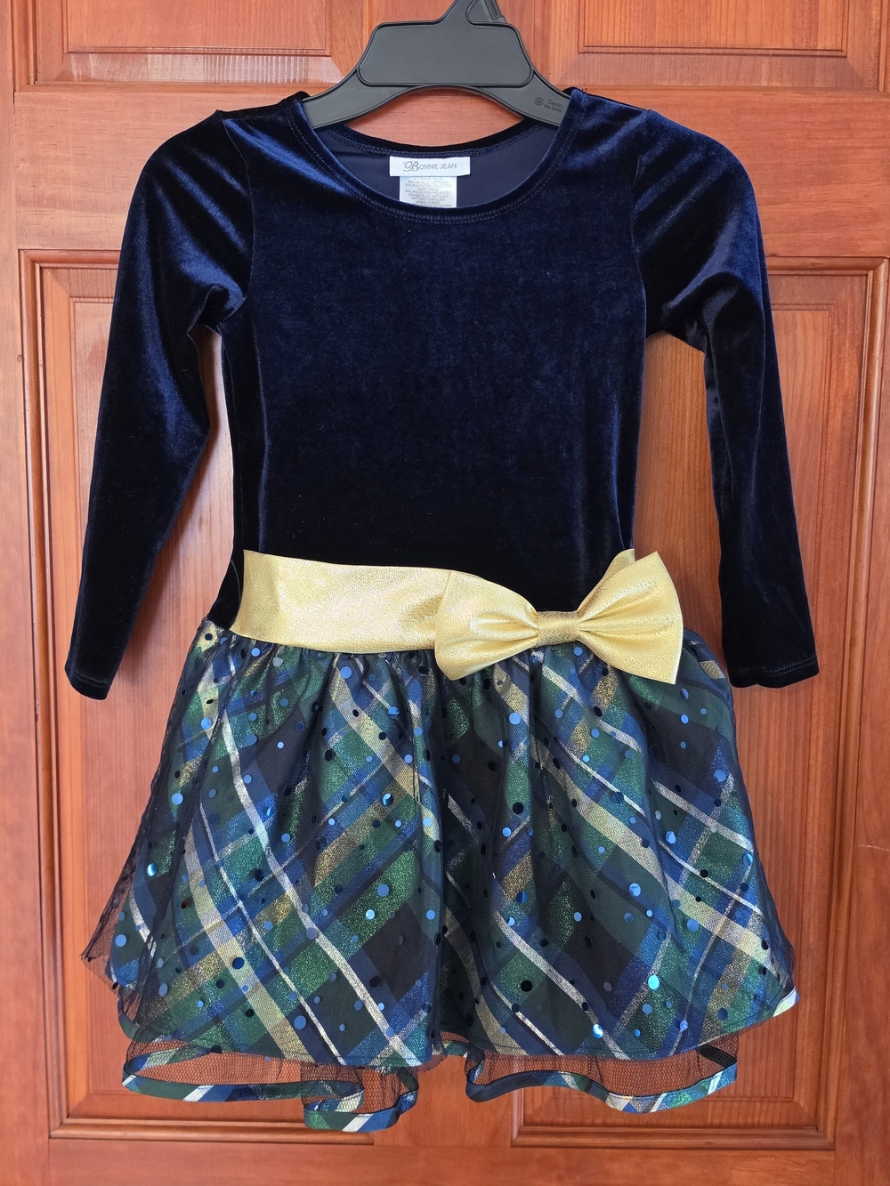 Bonnie Jean Girls Size 5 Navy Velvet Plaid Dress Gold Bow Long Sleeve